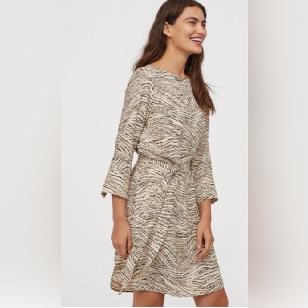H&M | Camel Colored Zebra Striped Tie Dress